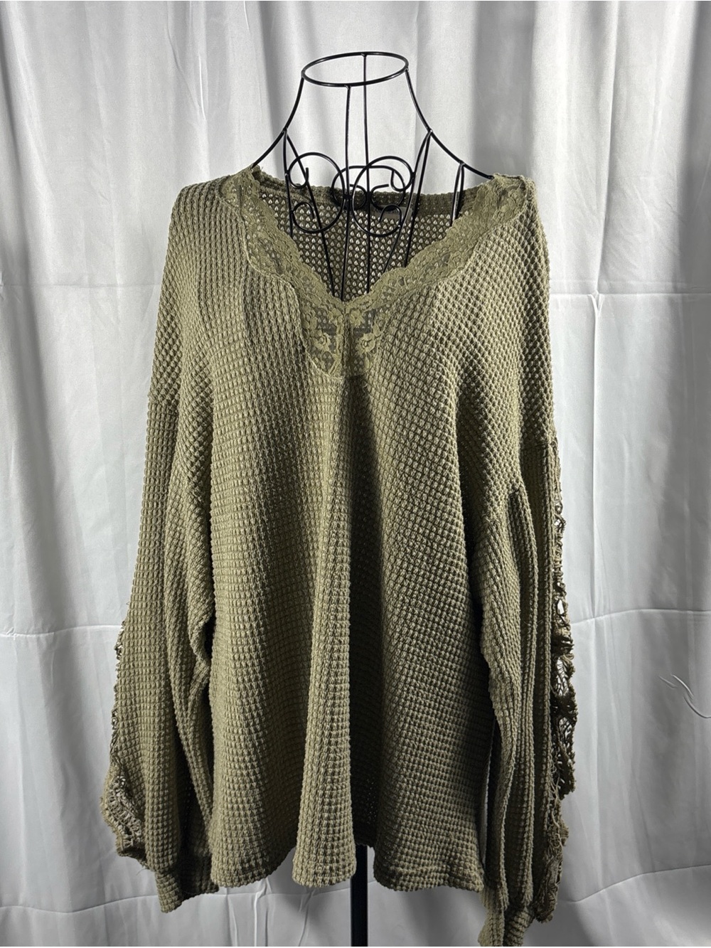 Olive Green Waffle Knit Lace Trim Pullover